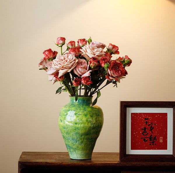 Centerpiece on Dining Table, Modern Pottery Flower Vases, Handmade Water Holding Flower Vases, Pottery Bud Vases, Large Green Flower Vases on Table-Art Painting Canvas