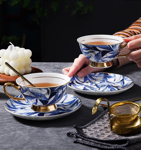 Unique British Tea Cup and Saucer in Gift Box, Blue Porcelain Tea Cup Saucer Set, 7.4 oz British Ceramic Coffee Cups-Art Painting Canvas