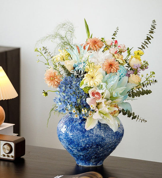 Modern Pottery Flower Vases, Handmade Water Holding Flower Vases, Centerpiece on Dining Table, Blue Pottery Bud Vases, Large Flower Vases on Table-Art Painting Canvas