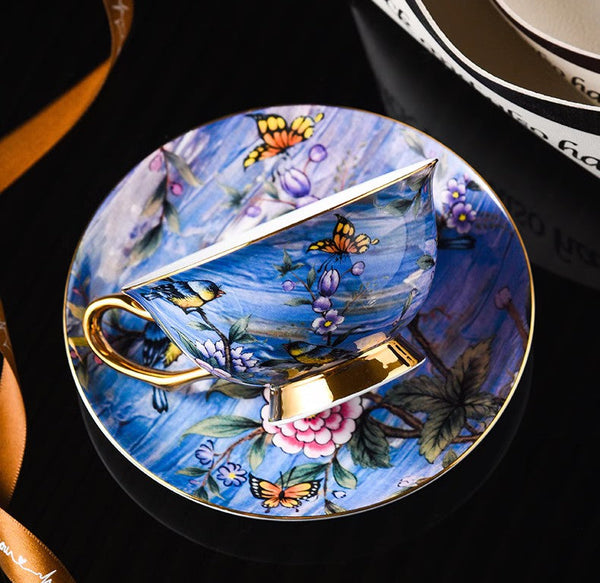 Blue Bird and Butterfly Porcelain Tea Cup Saucer Set, 7.4 oz British Tea Cup and Saucer in Gift Box, Elegant British Ceramic Coffee Cups-Art Painting Canvas