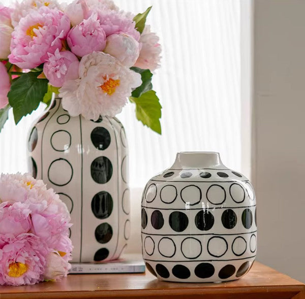 Ceramic Bud Vases, Black and White Polka Dot Flower Vase, Small Flower Vases on Table, Modern Porcelain Flower Vases, Handmade Water Holding Flower Vases-Art Painting Canvas