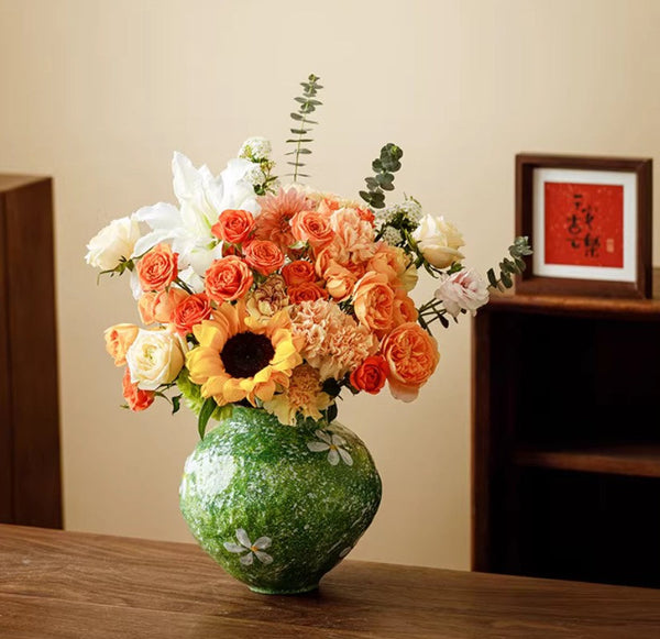 Modern Pottery Flower Vases, Centerpiece on Dining Table, Handmade Water Holding Flower Vases, Pottery Bud Vases, Large Green Flower Vases on Table-Art Painting Canvas