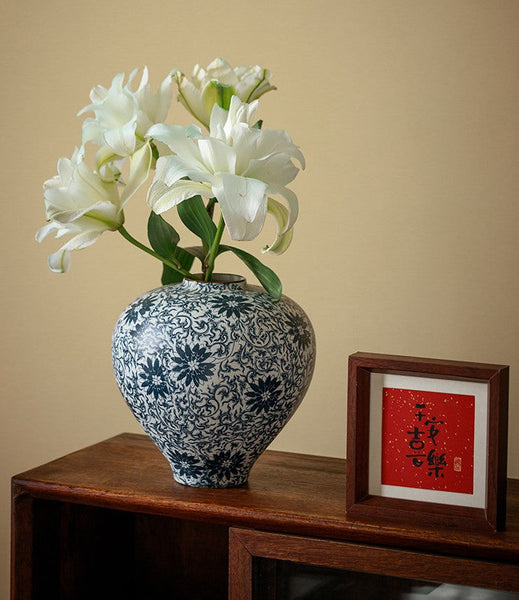 Vintage Bouquet Flower Vases, Centerpiece on Dining Table, Large Blue Flower Vase on Table, Handmade Porcelain Flower Vases Urn, Water Holding Flower Vases-Art Painting Canvas