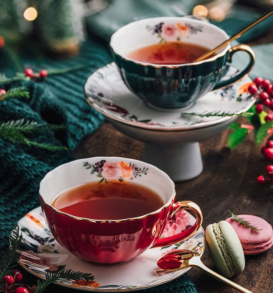 Beautiful British Tea Cups, Creative Bone China Porcelain Tea Cup Set, Elegant Ceramic Coffee Cups, Unique Tea Cups and Saucers in Gift Box-Art Painting Canvas