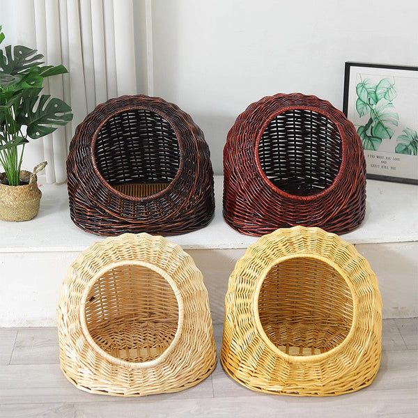 Hand woven Rattan Cat Bed, Natural Wicker Cat House Basket with Washable Cushion for Indoor Cats and Dogs