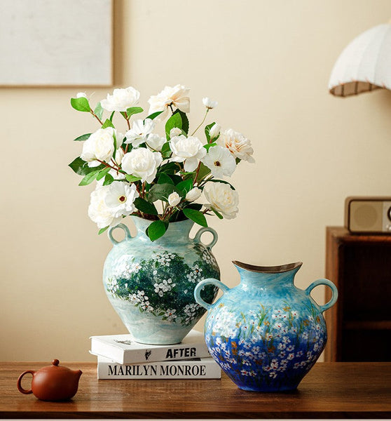 Large Flower Vases on Table, Modern Pottery Flower Vases, Centerpiece on Dining Table, Handmade Water Holding Flower Vases, Pottery Bud Vases-Art Painting Canvas