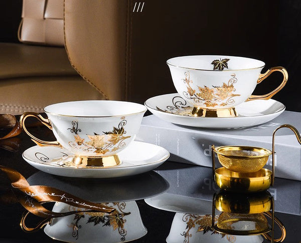 Elegant British Ceramic Coffee Cups, 7.4 oz Golden Leaves and Grapes Porcelain Tea Cup Saucer Set, Unique British Tea Cup and Saucer in Gift Box-Art Painting Canvas