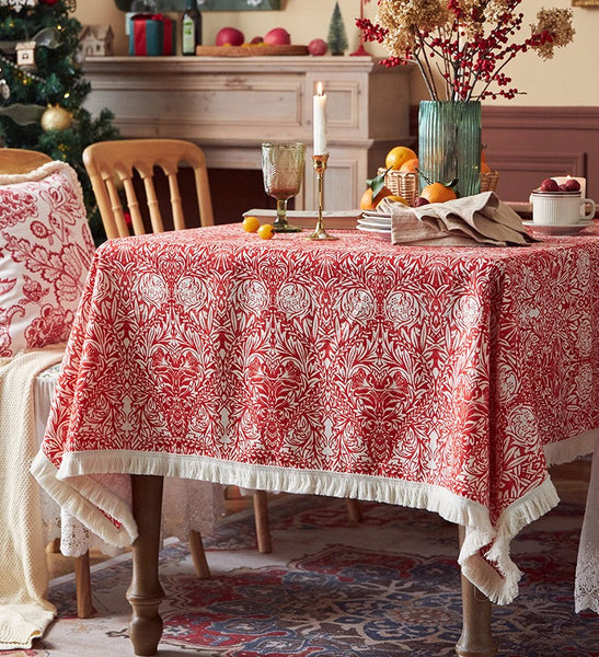 Large Fiberflax Rectangle Tablecloth for Home Decoration, Red Flower Pattern Tablecloth for Holiday Decoration, Square Tablecloth for Round Table-Art Painting Canvas