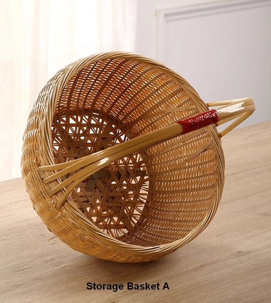 Natural Hand-woven Bamboo Basket, Extra Large Picnic Food Basket with Handle, Lovely Bamboo Baskets for Vegetable, Natural Fruit Basket Kitchen Storage Baskets-Art Painting Canvas