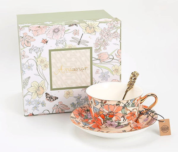 Elegant Ceramic Coffee Cups, Flower Bone China Porcelain Tea Cup Set, British Royal Ceramic Cups for Afternoon Tea, Unique Tea Cup and Saucer in Gift Box-Art Painting Canvas