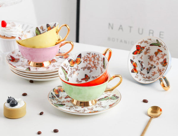 Creative Butterfly Ceramic Coffee Cups, Unique Butterfly Coffee Cups and Saucers, Beautiful British Tea Cups, Creative Bone China Porcelain Tea Cup Set-Art Painting Canvas