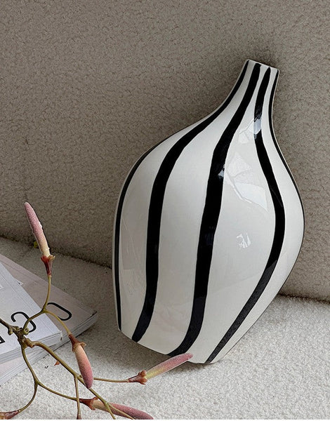 Water Holding Flower Vases, Black and White Striped Ceramic Vase, Porcelain Flower Vases, Modern Flower Vases on Table-Art Painting Canvas