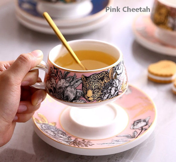 Creative Ceramic Tea Cup and Saucer, Jungle Tiger Cheetah Porcelain Coffee Cups, Unique Ceramic Cups with Gold Trim and Gift Box-Art Painting Canvas