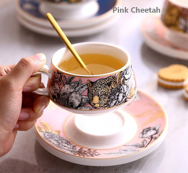 Handmade Ceramic Cups with Gold Trim and Gift Box, Jungle Tiger Cheetah Porcelain Coffee Cups, Creative Ceramic Tea Cup and Saucer-Art Painting Canvas