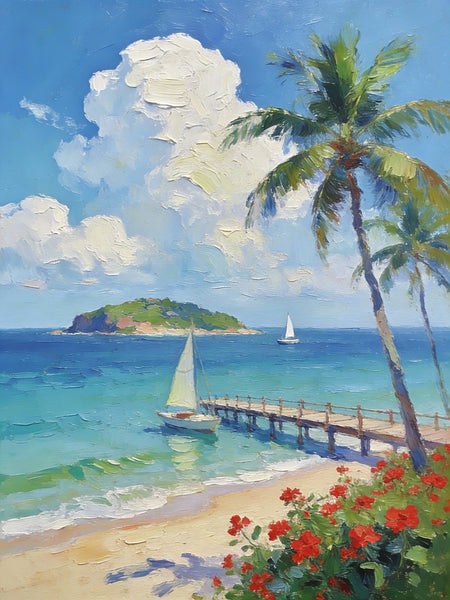 Canvas Paintings, Tropical Beach Retreat, Palm Trees, Sailboats, and Floral Paths, Original Artwork Small Paintings, Hand Painted Canvas Art, On Canvas Small Paintings, Palette Knife Artwork, Landscape Artwork-Art Painting Canvas