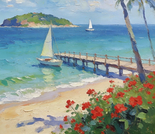 Canvas Paintings, Tropical Beach Retreat, Palm Trees, Sailboats, and Floral Paths, Original Artwork Small Paintings, Hand Painted Canvas Art, On Canvas Small Paintings, Palette Knife Artwork, Landscape Artwork-Art Painting Canvas