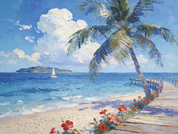 Tropical Beach, Palm, Dock and Sailboat, Original Wall Paintings, Original Artwork Small Paintings, Small Landscape Paintings, On Canvas Small Paintings, Small Canvas Art-Art Painting Canvas