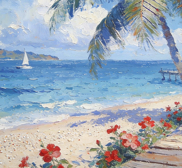 Tropical Beach, Palm, Dock and Sailboat, Original Wall Paintings, Original Artwork Small Paintings, Small Landscape Paintings, On Canvas Small Paintings, Small Canvas Art-Art Painting Canvas