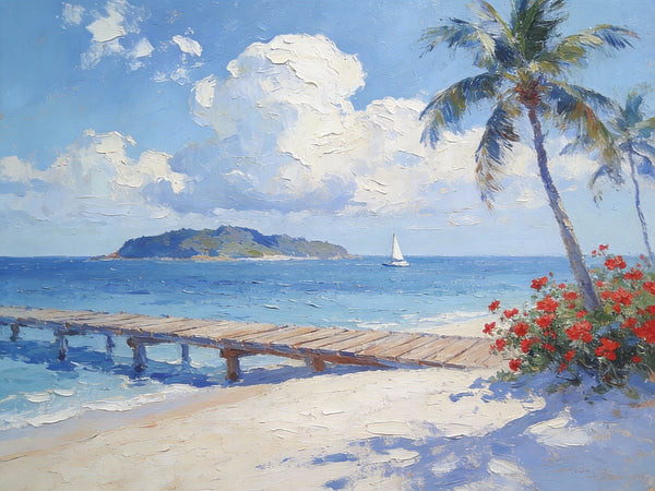Simple Painting Ideas, Tropical Beach with Palm Trees and Dock, Small Wall Art on Canvas, Landscape Canvas Paintings, Impasto Wall Art Paintings, Original Oil Paintings-Art Painting Canvas
