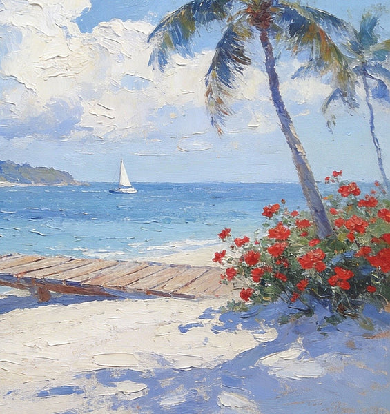 Simple Painting Ideas, Tropical Beach with Palm Trees and Dock, Small Wall Art on Canvas, Landscape Canvas Paintings, Impasto Wall Art Paintings, Original Oil Paintings-Art Painting Canvas