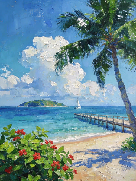 Original Small Paintings, Tropical Beach Retreat, Palm Tree, Flowers, and Calm Seas, Small Oil Paintings, Landscape Artwork Canvas Paintings, Small Wall Paintings-Art Painting Canvas