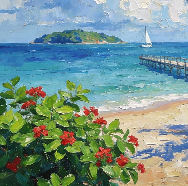 Original Small Paintings, Tropical Beach Retreat, Palm Tree, Flowers, and Calm Seas, Small Oil Paintings, Landscape Artwork Canvas Paintings, Small Wall Paintings-Art Painting Canvas
