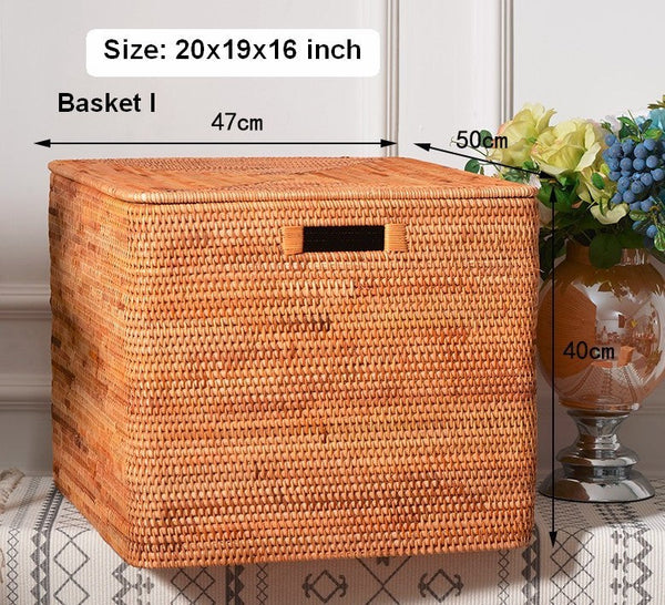 Oversized Rectangular Storage Basket with Lid, Woven Rattan Storage Basket for Shelves, Storage Baskets for Bedroom, Extra Large Storage Baskets for Clothes