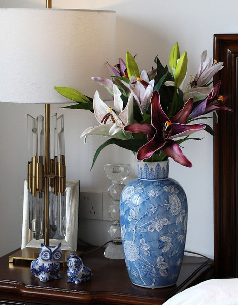 Centerpiece Ceramic Bouquet Vases, Handmade Modern Flower Vase, Large Flower Vases on Dining Table, Blue Porcelain Flower Vases-Art Painting Canvas