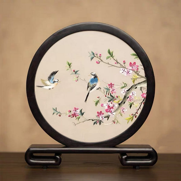 Exclusive Business Present, Flower and Bird Embroidered Decor, Unique Birthday Gift, Traditional Chinese Suzhou Embroidery Ornament, Premium Souvenir-Art Painting Canvas