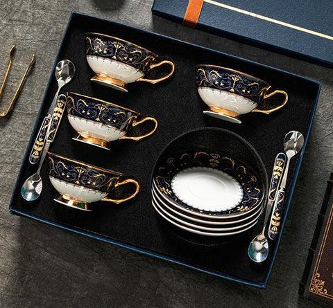 Unique Blue Tea Cup and Saucer in Gift Box, Blue Bone China Porcelain Tea Cup Set, Royal Ceramic Cups, Elegant Ceramic Coffee Cups-Art Painting Canvas