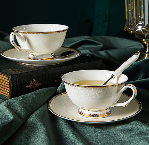 Bone China Porcelain Coffee Cup Set, White Ceramic Cups, Elegant British Ceramic Coffee Cups, Unique Tea Cup and Saucer in Gift Box-Art Painting Canvas
