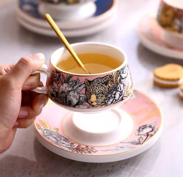 Jungle Tiger Cheetah Porcelain Tea Cups, Creative Ceramic Cup and Saucer, Unique Ceramic Coffee Cups with Gold Trim and Gift Box-Art Painting Canvas