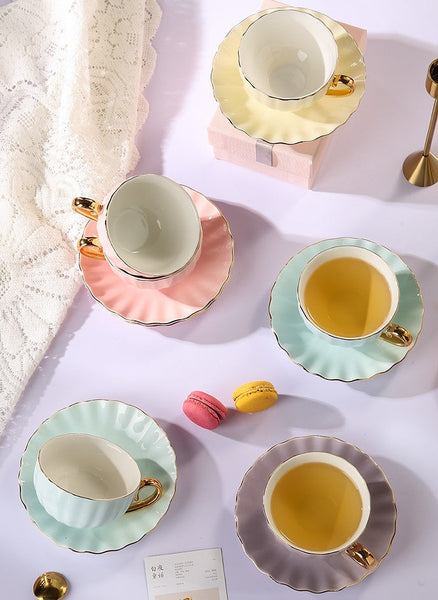Elegant Macaroon Ceramic Coffee Cups, Beautiful British Tea Cups, Creative Porcelain Tea Cup Saucer Set of 2 Cups, 6.8 oz Tea Cup and Saucer in Gift Box as Birthday Gift-Art Painting Canvas