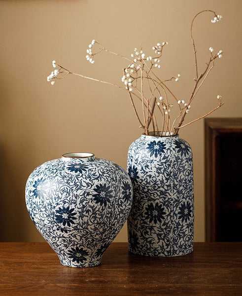 Vintage Bouquet Flower Vases, Centerpiece on Dining Table, Large Blue Flower Vase on Table, Handmade Porcelain Flower Vases Urn, Water Holding Flower Vases-Art Painting Canvas