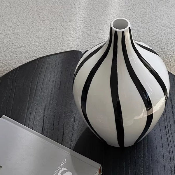Water Holding Flower Vases, Black and White Striped Ceramic Vase, Porcelain Flower Vases, Modern Flower Vases on Table-Art Painting Canvas