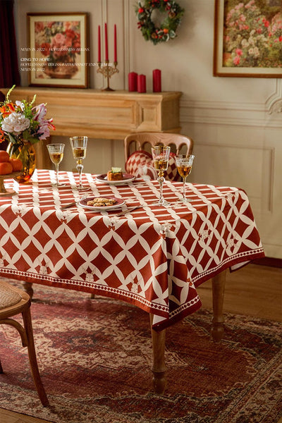 Holiday Red Tablecloth for Dining Table, Rabbit Pattern Table Cover for Dining Room Table, Modern Rectangle Tablecloth for Oval Table-Art Painting Canvas