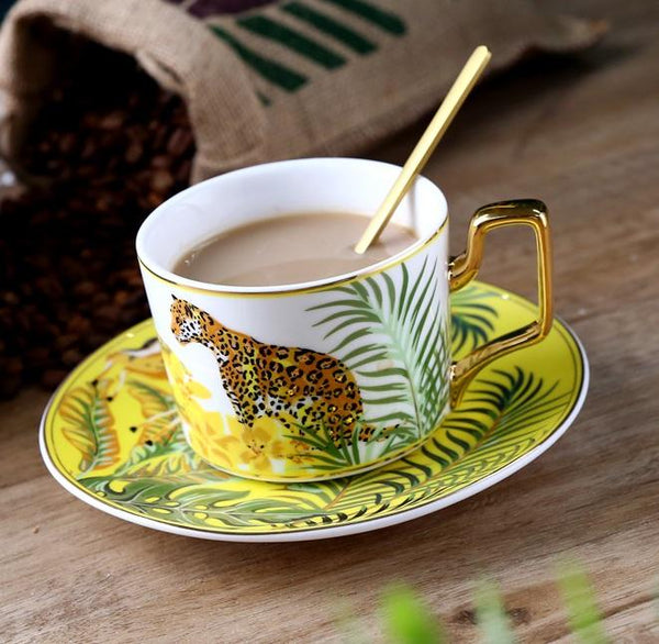Coffee Cups with Gold Trim and Gift Box, Jungle Leopard Pattern Porcelain Coffee Cups, 7.4 oz Tea Cup and Saucer-Art Painting Canvas