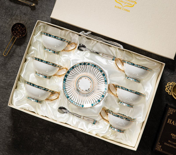 Unique Tea Cup and Saucer in Gift Box, Elegant British Ceramic Coffee Cups, Bone China Porcelain Tea Cup Set for Office, Green Ceramic Cups-Art Painting Canvas