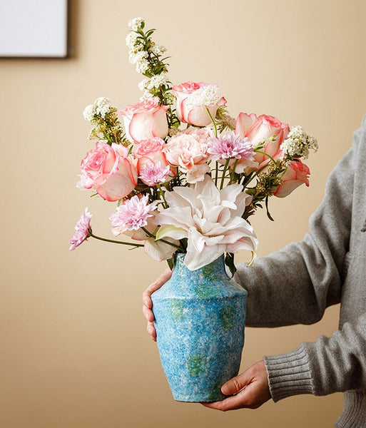 Centerpiece on Dining Table, Blue Flower Vase on Table, Handmade Water Holding Flower Vases, Pottery Flower Vases, Modern Bouquet Flower Vases-Art Painting Canvas