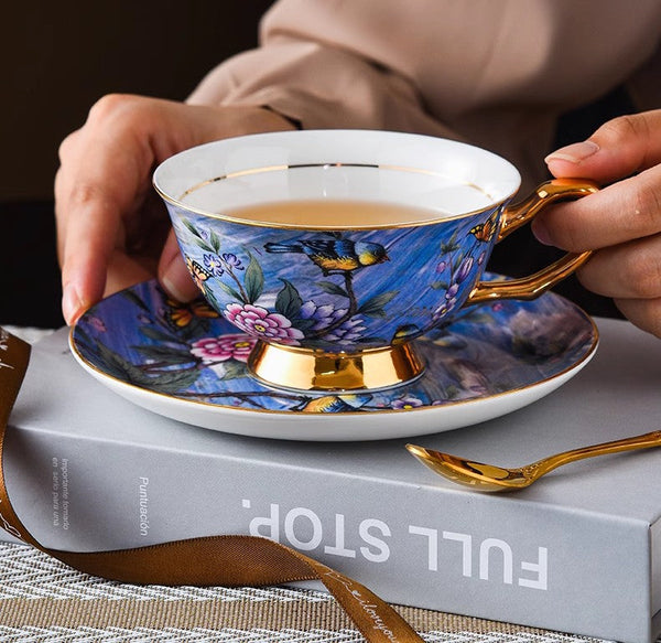 Blue Bird and Butterfly Porcelain Tea Cup Saucer Set, 7.4 oz British Tea Cup and Saucer in Gift Box, Elegant British Ceramic Coffee Cups-Art Painting Canvas