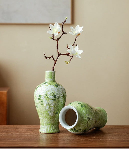 Centerpiece Ceramic Bud Vases, Large Flower Vases on Table, Green Porcelain Flower Vases, Handmade Water Holding Flower Vase-Art Painting Canvas