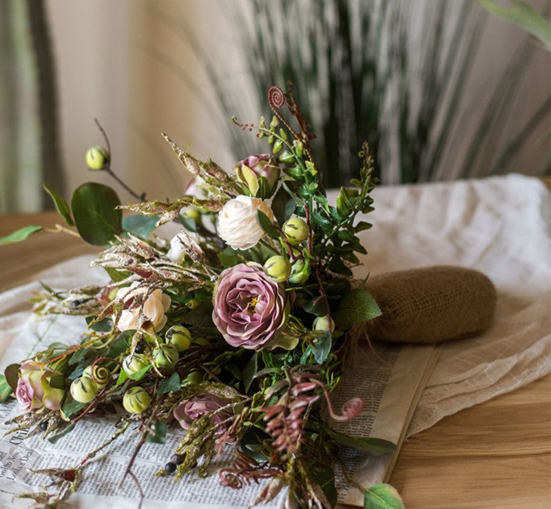 Eucalyptus leaves, Rose, Ranunculus Asiaticus Flowers, Beautiful Modern Flower Arrangement for Living Room, Ctreative Artificial Floral for Home Decoration-Art Painting Canvas