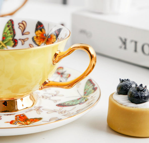 Creative Butterfly Ceramic Coffee Cups, Unique Butterfly Coffee Cups and Saucers, Beautiful British Tea Cups, Creative Bone China Porcelain Tea Cup Set-Art Painting Canvas
