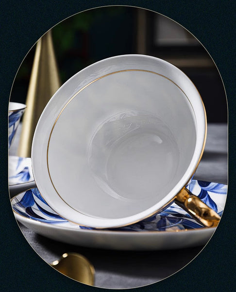 Blue Porcelain Tea Cup Saucer Set, 7.4 oz British Ceramic Coffee Cups, Unique British Tea Cup and Saucer in Gift Box-Art Painting Canvas