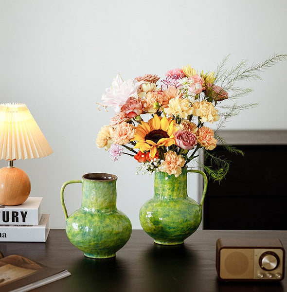 Centerpiece on Dining Table, Modern Pottery Flower Vases, Handmade Water Holding Flower Vases, Pottery Bud Vases, Large Green Flower Vases on Table-Art Painting Canvas