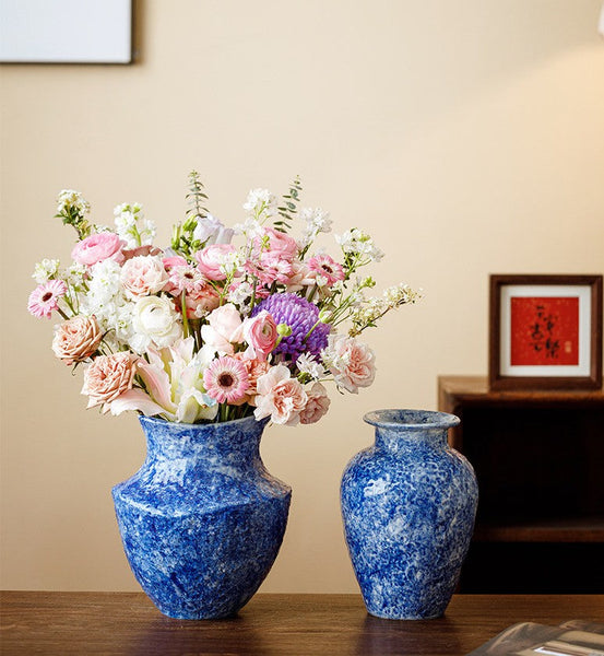 Handmade Water Holding Flower Vases, Centerpiece on Dining Table, Blue Pottery Bud Vases, Large Flower Vases on Table, Modern Pottery Flower Vases-Art Painting Canvas
