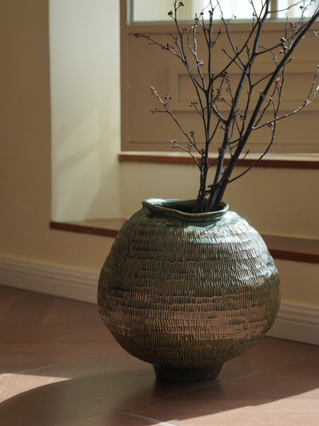 Large Contemporary Vases on Dining Table, Handmade Modern Flower Vase, Centerpiece Ceramic Bouquet Vases, Green Porcelain Vases for Modern Home Decor-Art Painting Canvas