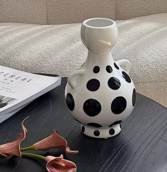 Ceramic Bud Vases, Small Flower Vases on Table, Black and White Polka Dot Flower Vase, Modern Porcelain Flower Vases, Handmade Water Holding Flower Vases-Art Painting Canvas