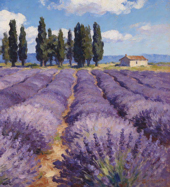 On Canvas Small Paintings, Rural Provence Idyll, Lavender Fields, Trees, and a Cottage, Landscape Canvas Paintings, Simple Painting Ideas, Hand Painted Wall Art, Small Wall Paintings-Art Painting Canvas