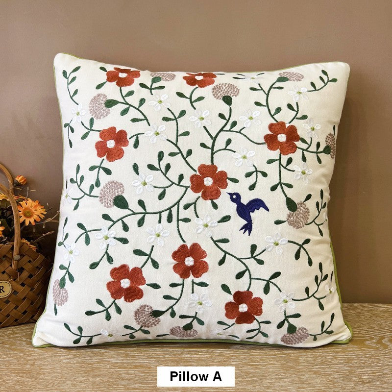 Bird Spring Flower Decorative Throw Pillows, Farmhouse Sofa Decorative Pillows, Embroider Flower Cotton Pillow Covers, Flower Decorative Throw Pillows for Couch-Art Painting Canvas